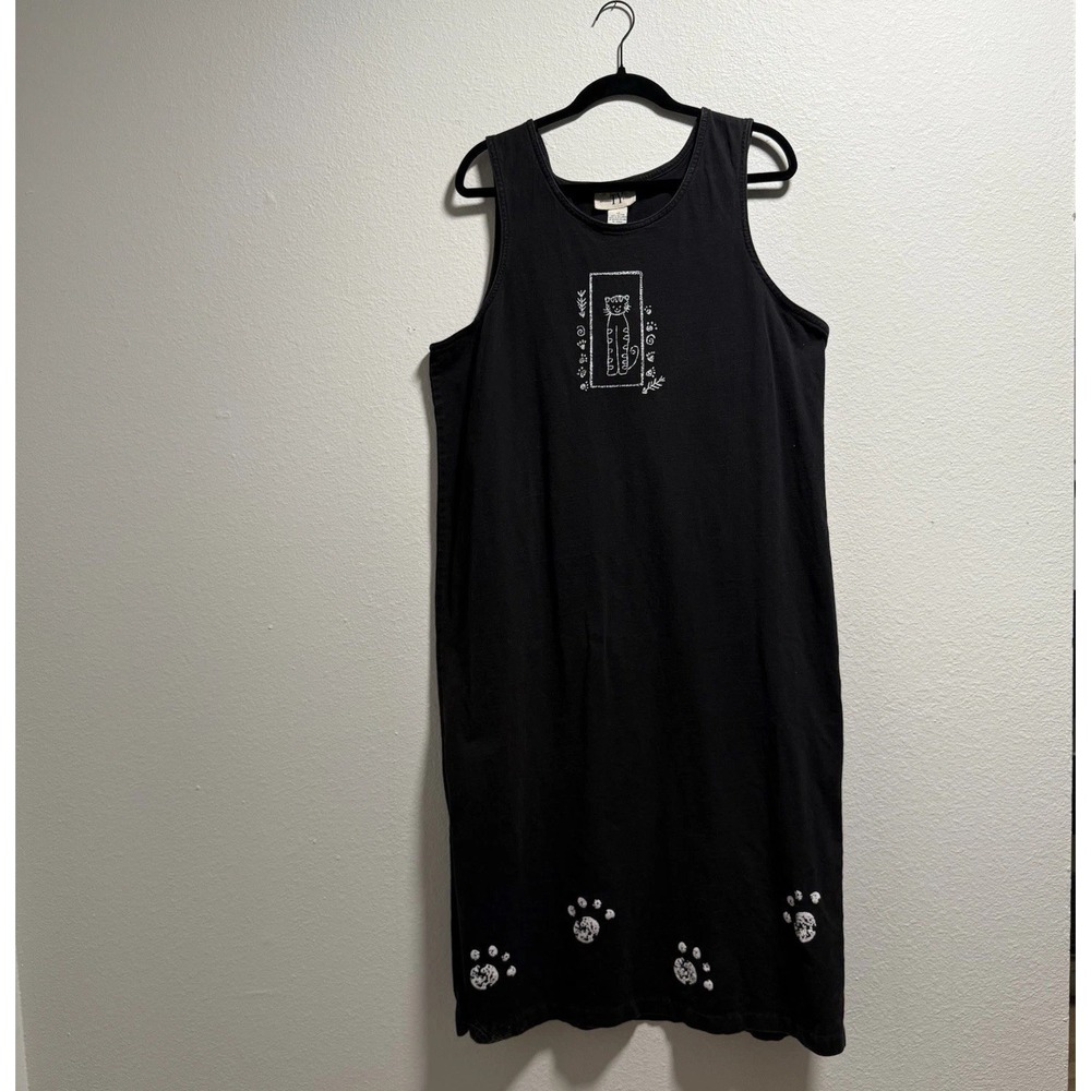 VTG Original TY Wear Sleeveless Cat Maxi Dress 1XL Plus Size Black Paws Slit